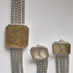 Trifari Matsumoto VTG Art Deco Multi Strand Box Chain Bracelet+ Dangle Earrings
